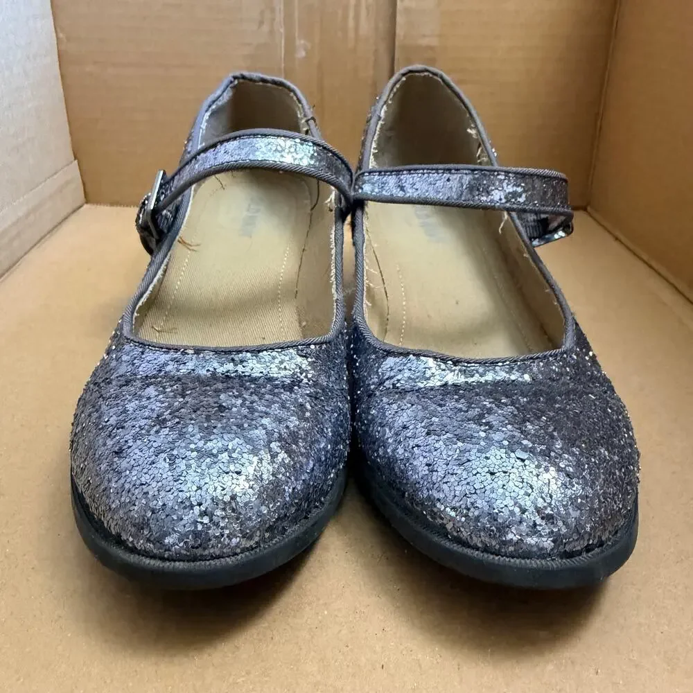 Old Navy Girls High Heel Mary Jane Dress Shoes Silver Glitter Buckle Strap Sz 3
